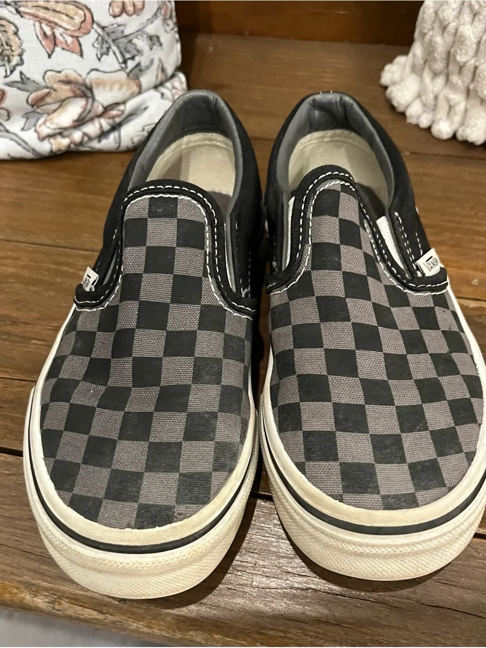 Boys size 13 Vans Kids Slip-On Checkerboard Sneakers - Black & Gray